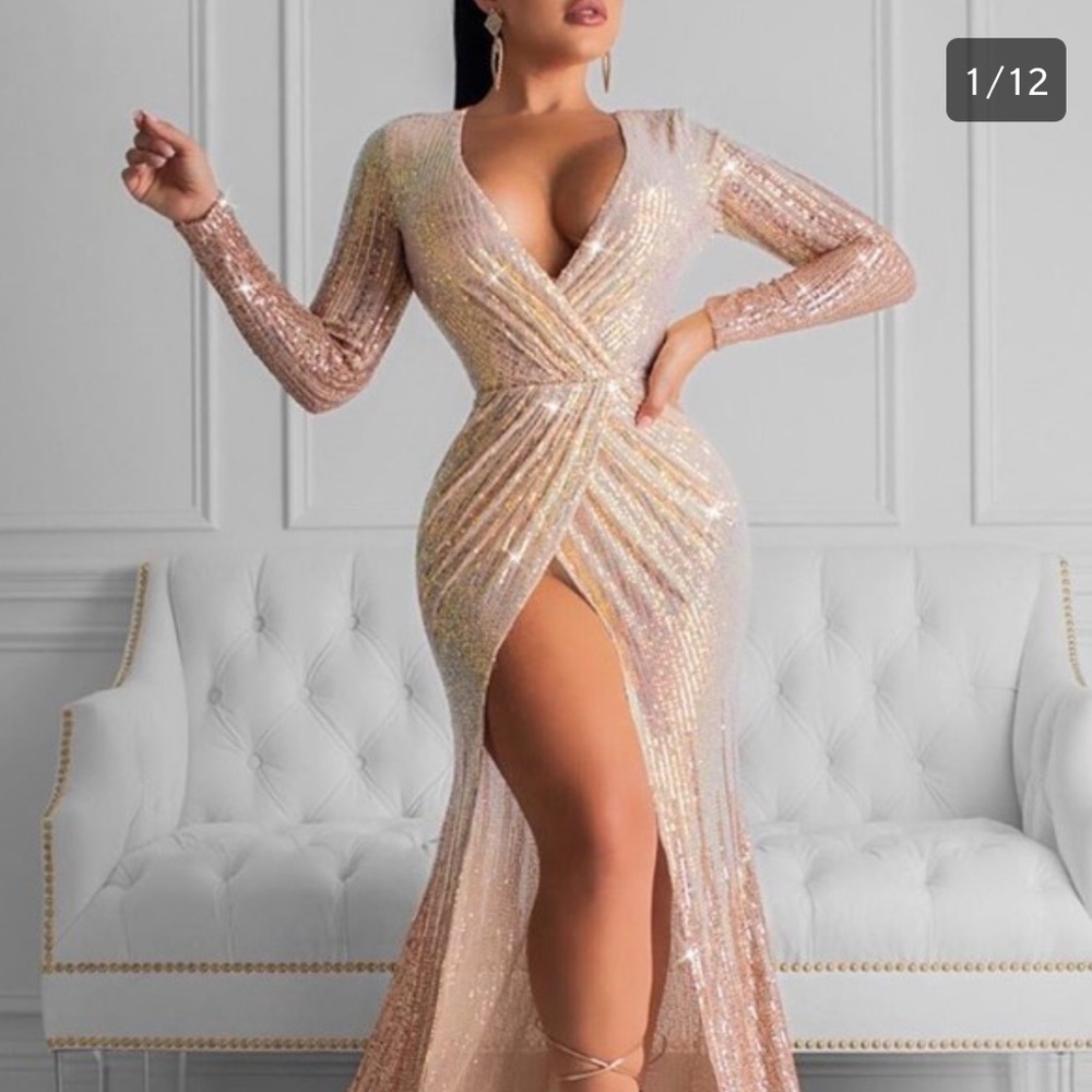 Glitter plunge high slit ruched sequin dress